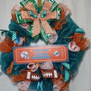 Miami Dolphins NFL Football Themed Wreath with Bow